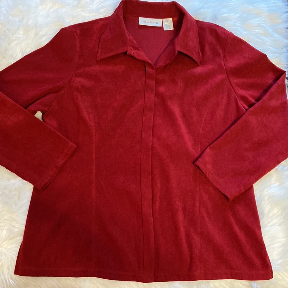 Vintage Susan Bristol Red Microsuede Button Down Shirt Shacket Sz XL